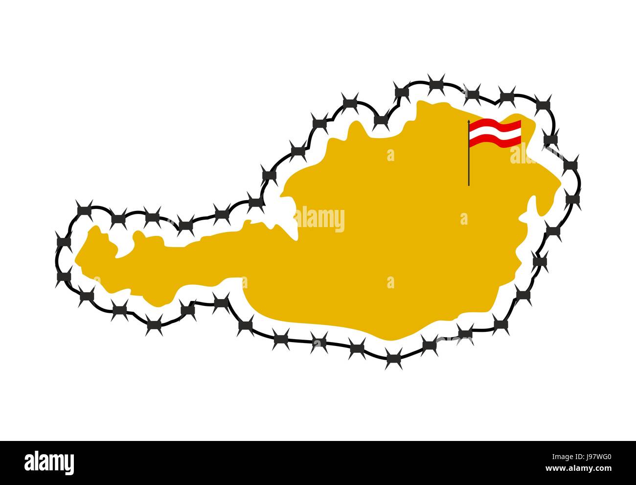 Map Of Austria. Country closes  border against refugees. Map of States with barbed wire. European country protects its borders.  Austrian Flag. Surrou Stock Vector