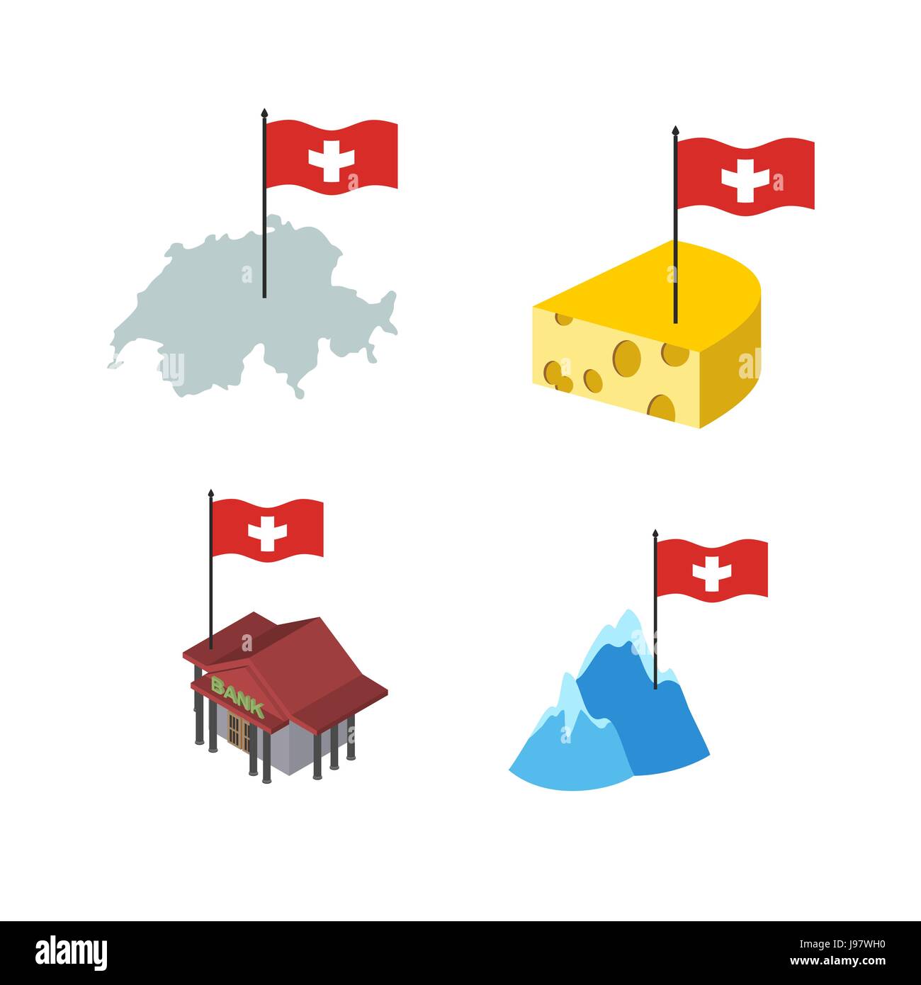 Set  icons Switzerland. Map and cheese, Bank and Alps. Vector illustration Stock Vector