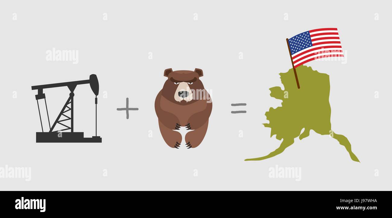 Oil rig and  bear. Symbols of Alaska. American flag. Vector illustration Stock Vector