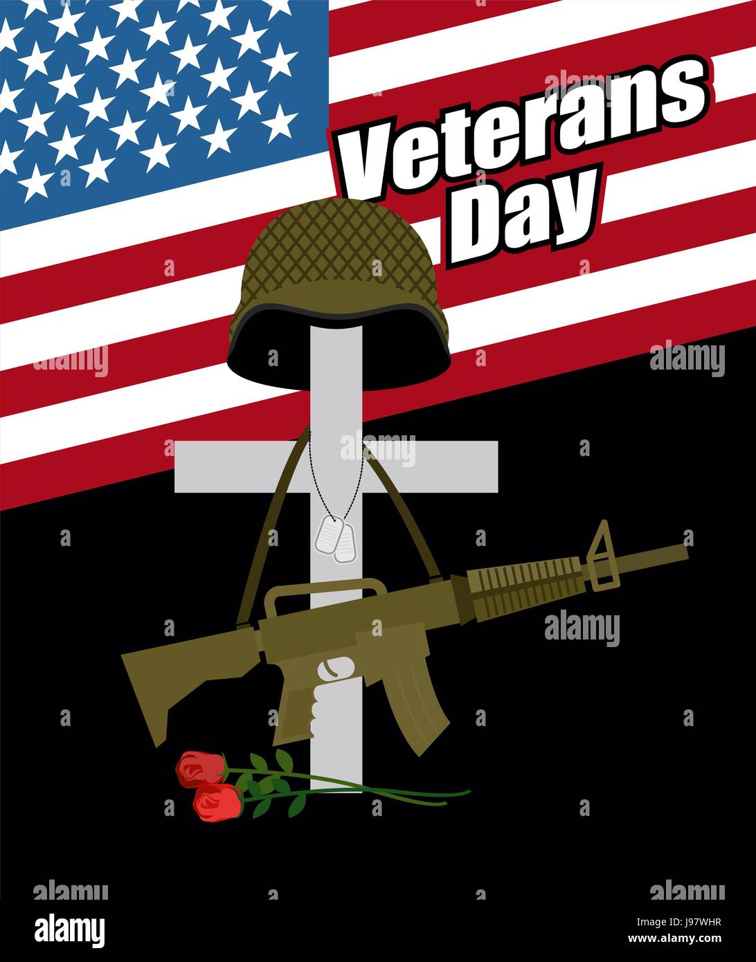 Day of remembrance for war veterans. Veterans Day. Cross with  soldiers helmet and  machine gun. Fallen soldiers grave with flowers. Day of mourning a Stock Vector