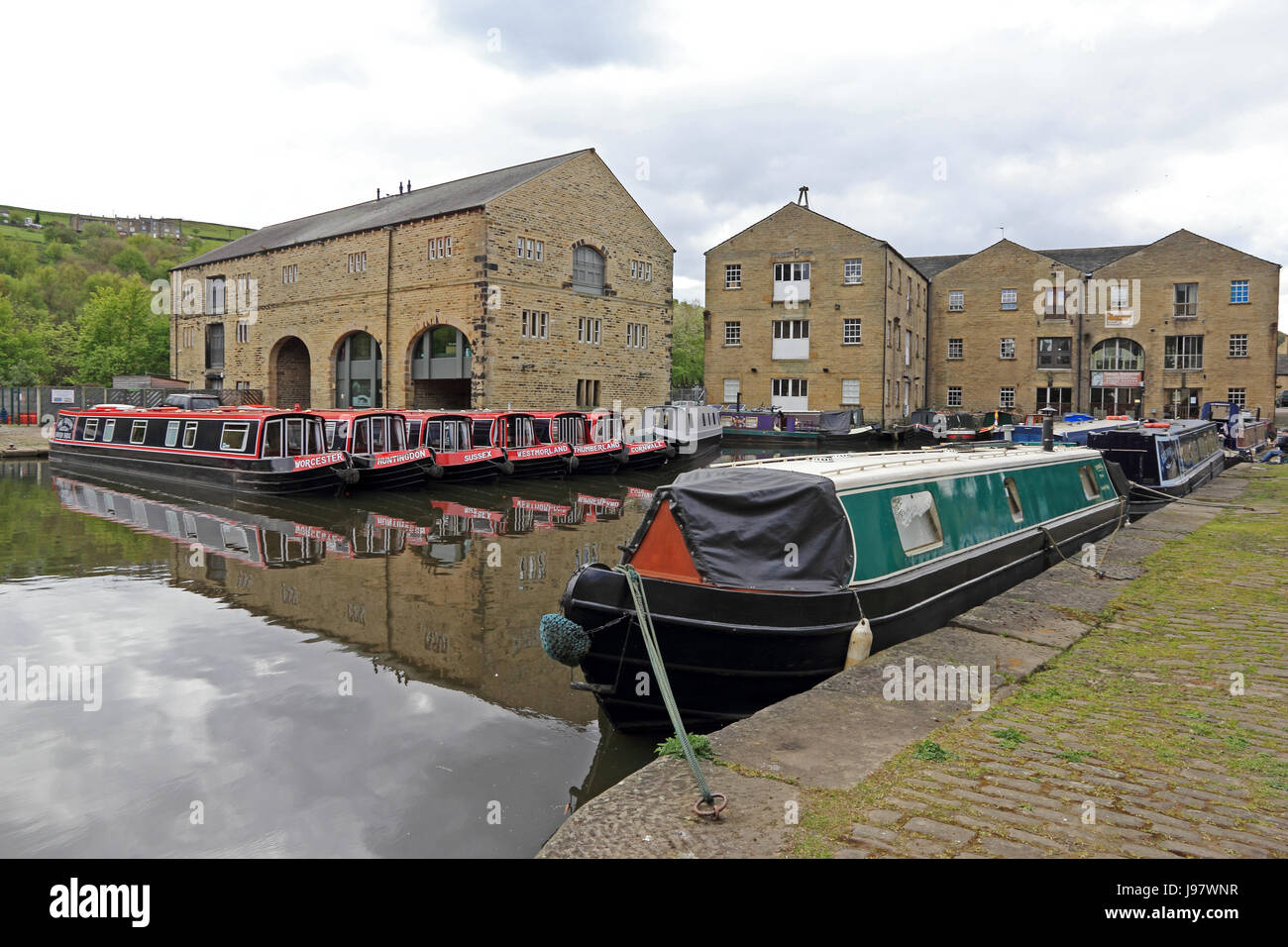 Canal boats moored in marina, Sowerby Bridge Stock Photo