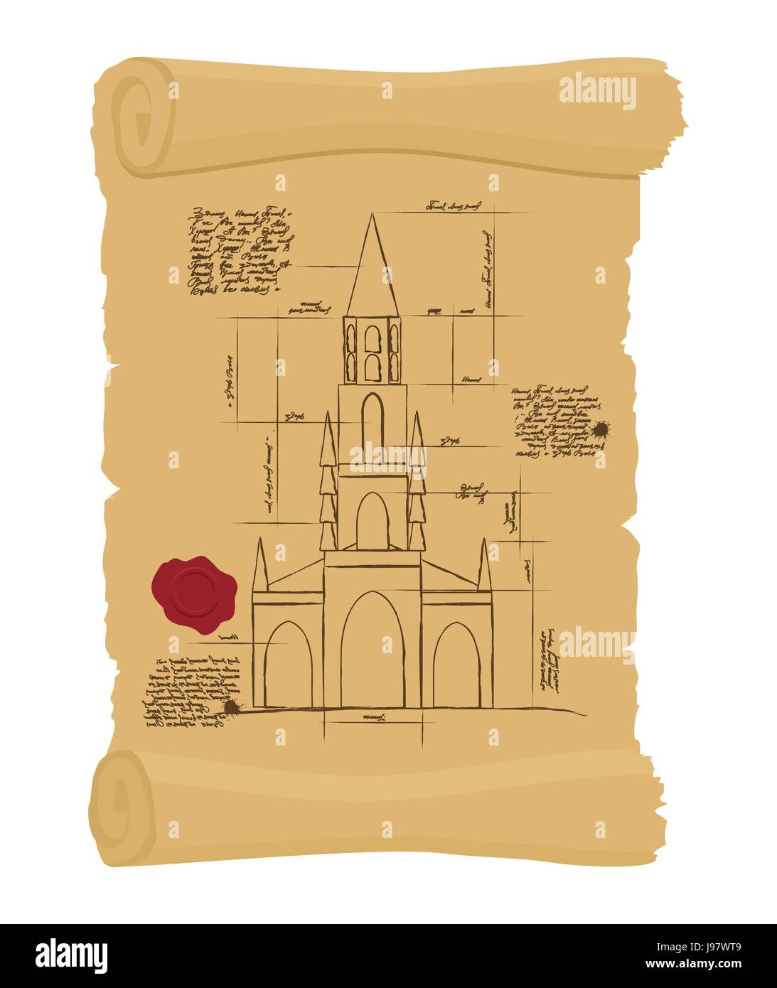 Berne Cathedral on old paper Scheme. Ancient scroll.  scheme of ancient architectural buildings in Switzerland. architectural project of building land Stock Vector