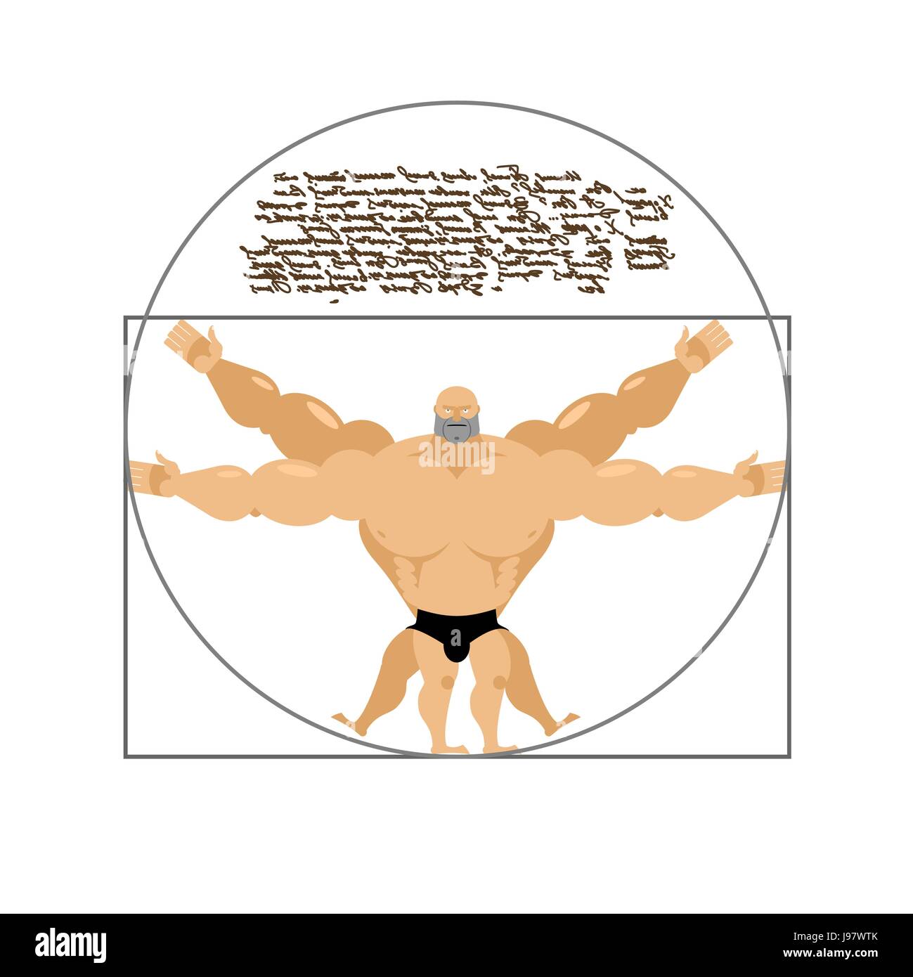 Vitruvian strong man bodybuilder. Illustration of Leonardo da Vinci in cartoon style. Stock Vector