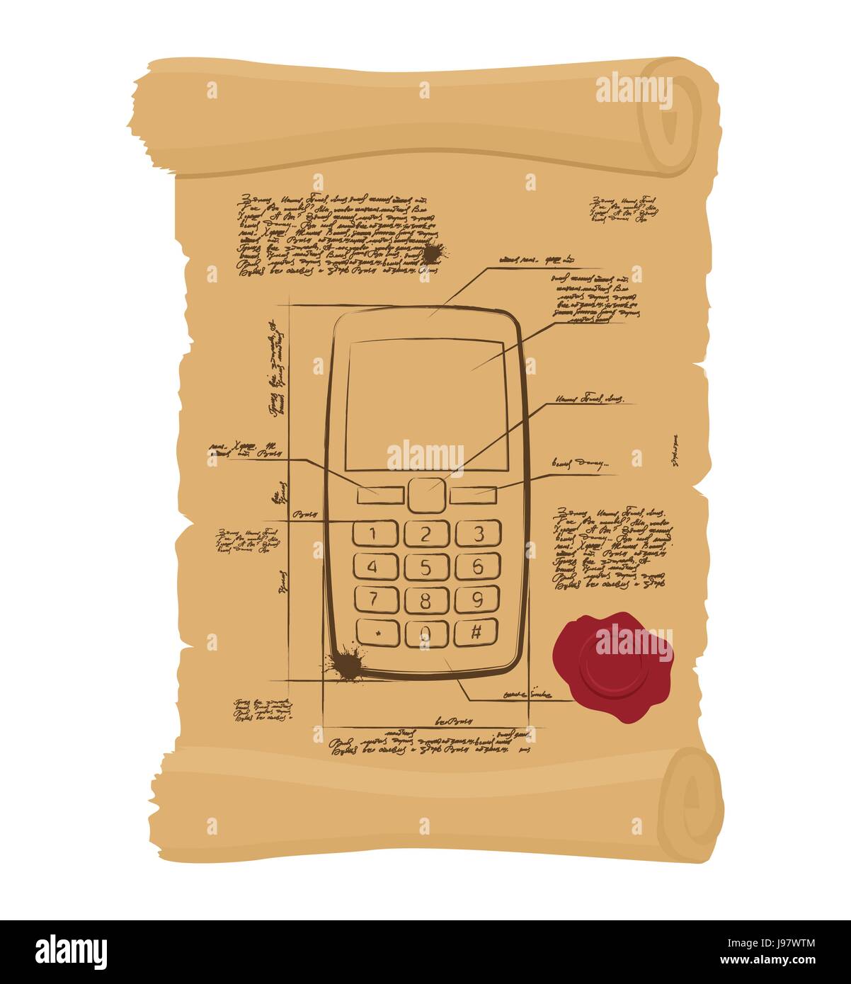 Cell phone with buttons on old scroll. Paper Project of ancient phone. Prehistoric mobile phone