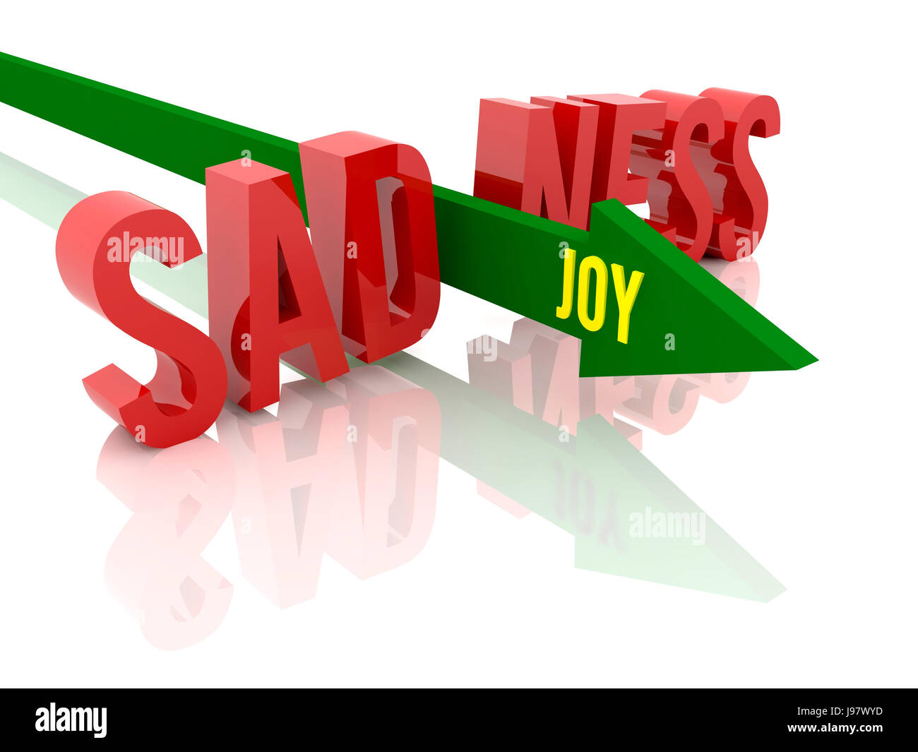 Arrow with word Joy breaks word Sadness. Concept 3D illustration Stock