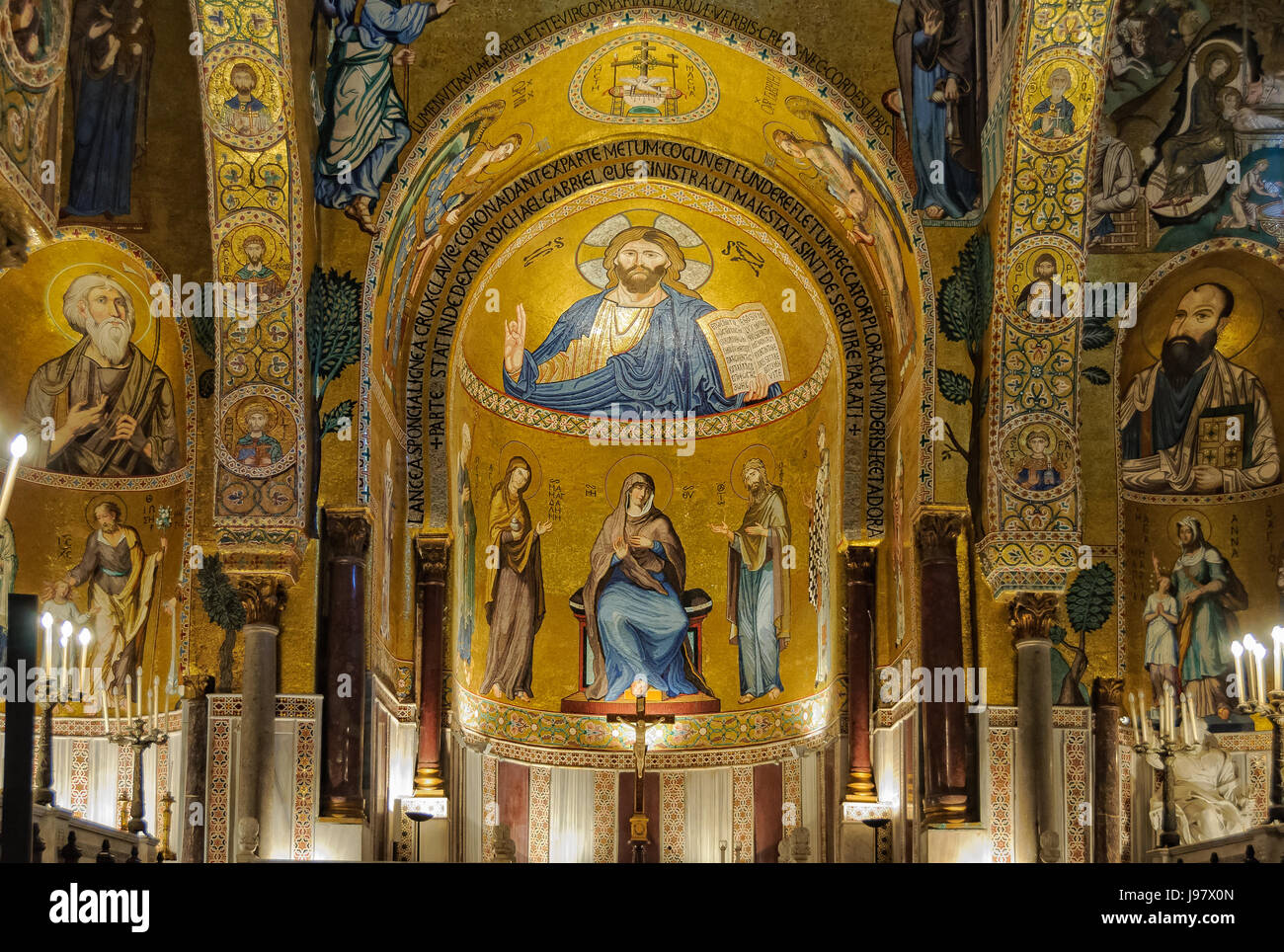 Medieval Byzantine style mosaic of Christ Pantocrator above the altar of the Palatine Chapel (Cappella Palatina) Stock Photo
