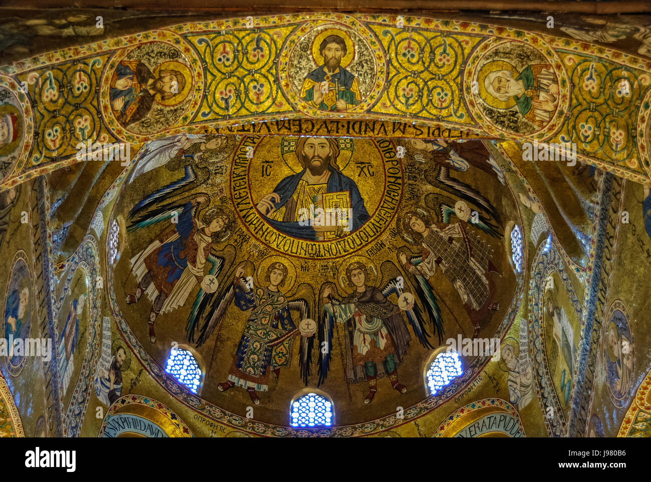 Christ Pantocrator in the byzantine dome of the Royal Chapel (Cappella Palatina) of the Norman kings of Kingdom of Sicily Stock Photo