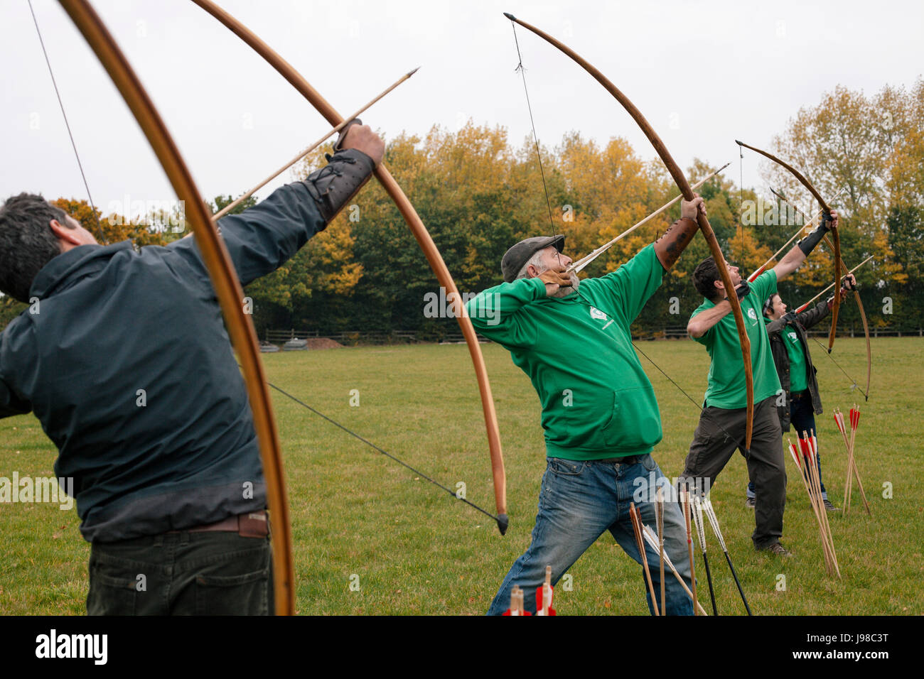 Rob Penn shoots with members of the Now Strike Archery club, near their workshop. Stock Photo