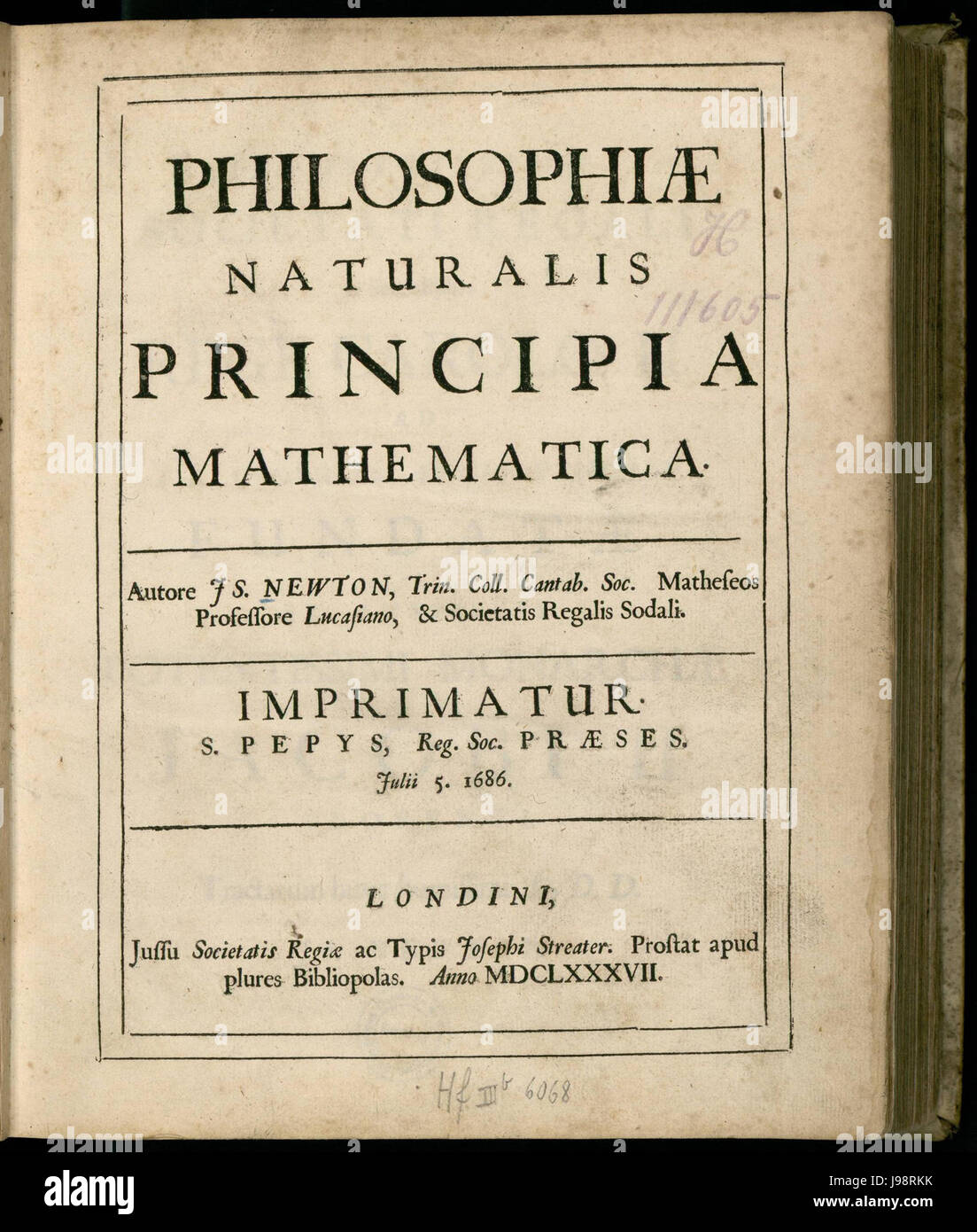 Newton   Principia (1687), title, p. 5, color Stock Photo