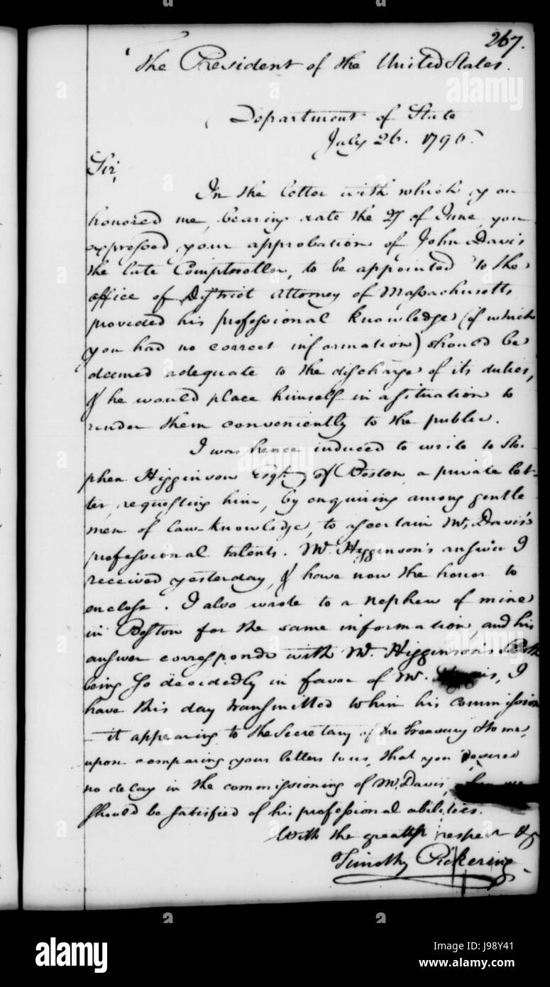 Timothy Pickering George Washington letter Stock Photo
