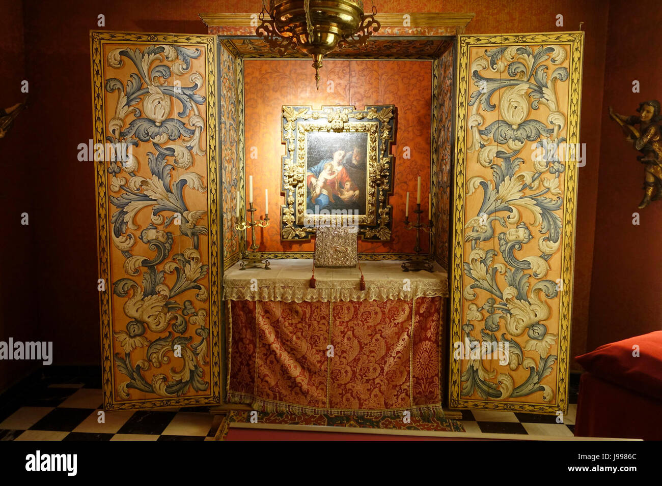 Oratory cabinet, Spain, 1719, wood, with The Holy Family, School of Carlo Maratta, late 1600s AD   Museo Nacional de Artes Decorativas   Madrid, Spain   DSC07922 Stock Photo