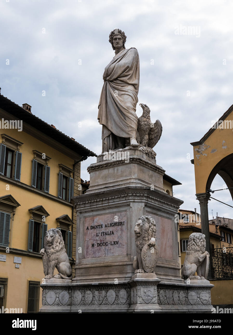 Florence, Italy - 18 April 2017 - Statue of Dante Alighieri on Piazza Santa Croce, in Florence, Italy. Stock Photo