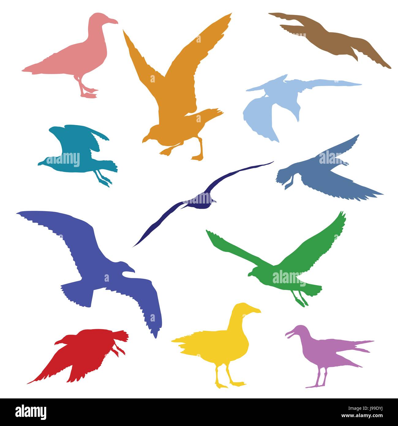 Set of silhouettes of seagulls in different colors isolated on white background Stock Vector