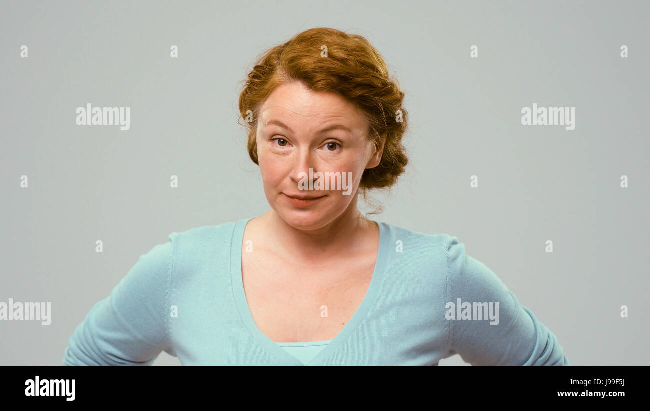 Mid aged actress showing emotions of claim. Stock Photo