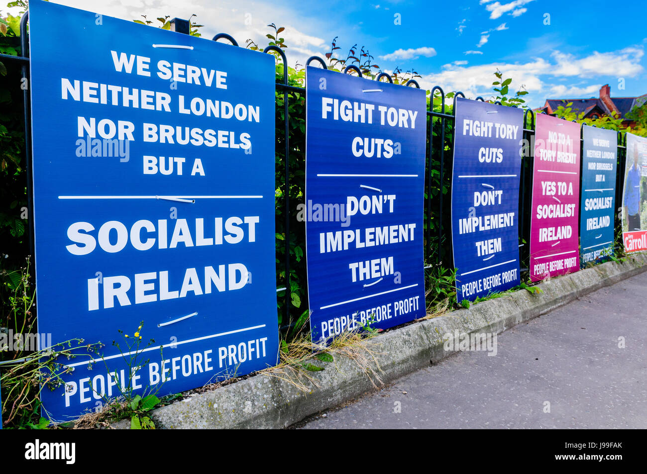 Election posters belonging to People Before Profit calling for a Socialist Ireland and to say 'No to Tory Brexit' 'We serve neither London nor Brussel Stock Photo