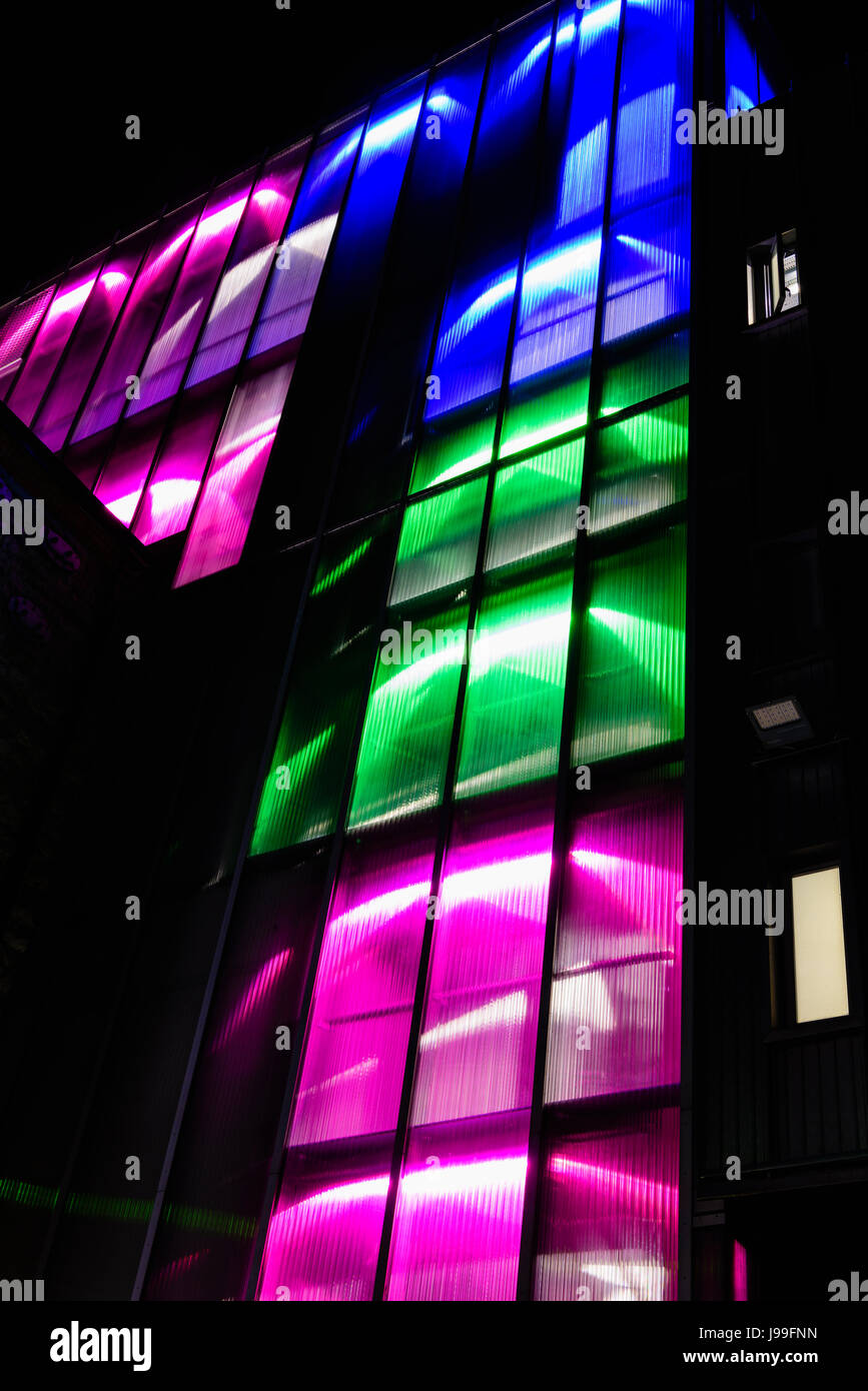 Multicoloured lights outside the 3 Arena at night, formerly the O2 Arena, and the Point Depot, a major concert venue in Dublin, Ireland. Stock Photo