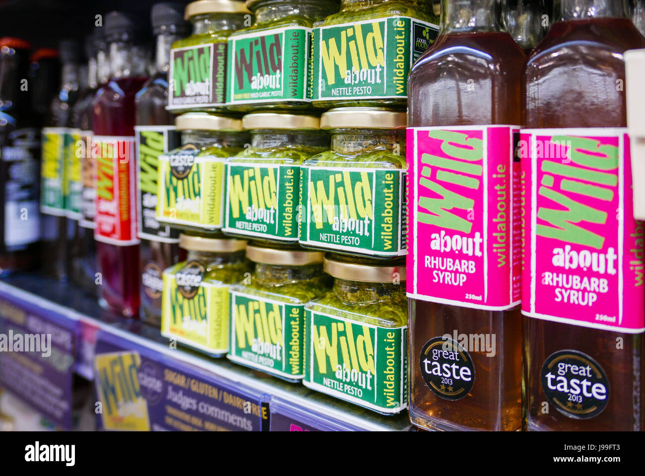 'Wild About' range of artisan hand made craft products, including nettle pesto and rhubarb syrup from County Wexford, Ireland Stock Photo