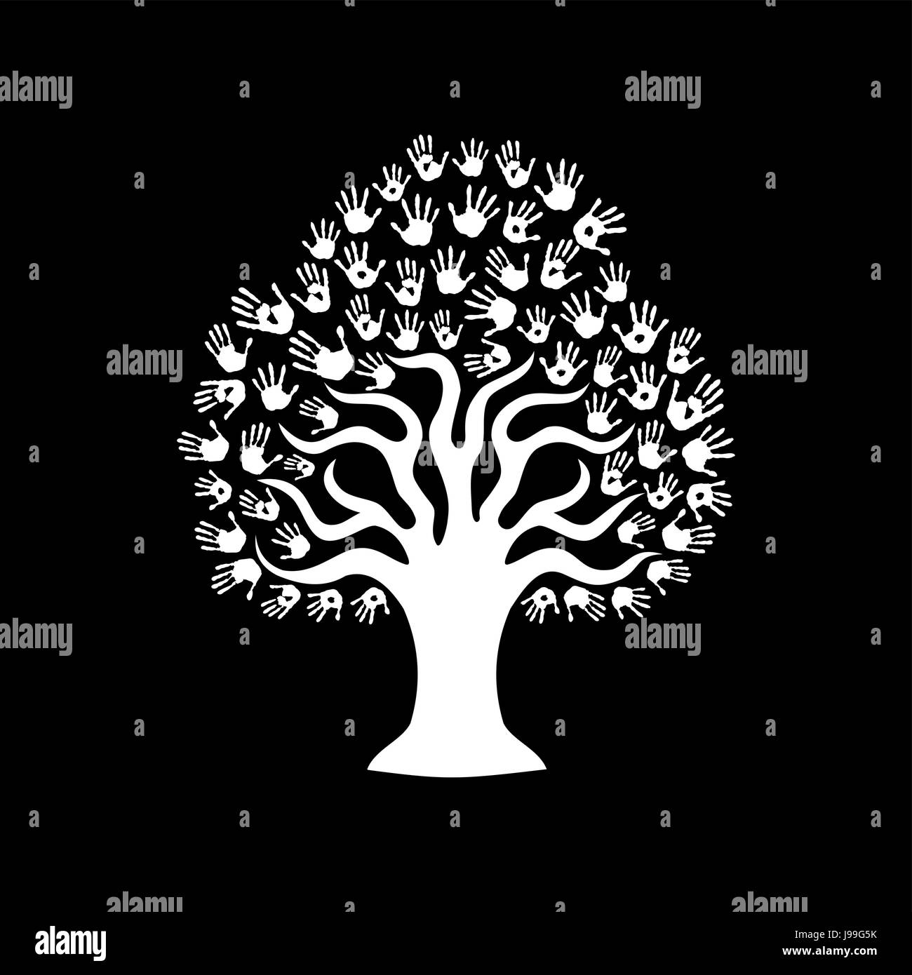 Tree hands of diverse community. Isolated black and white illustration for social help concept, charity or group work. EPS10 vector. Stock Vector