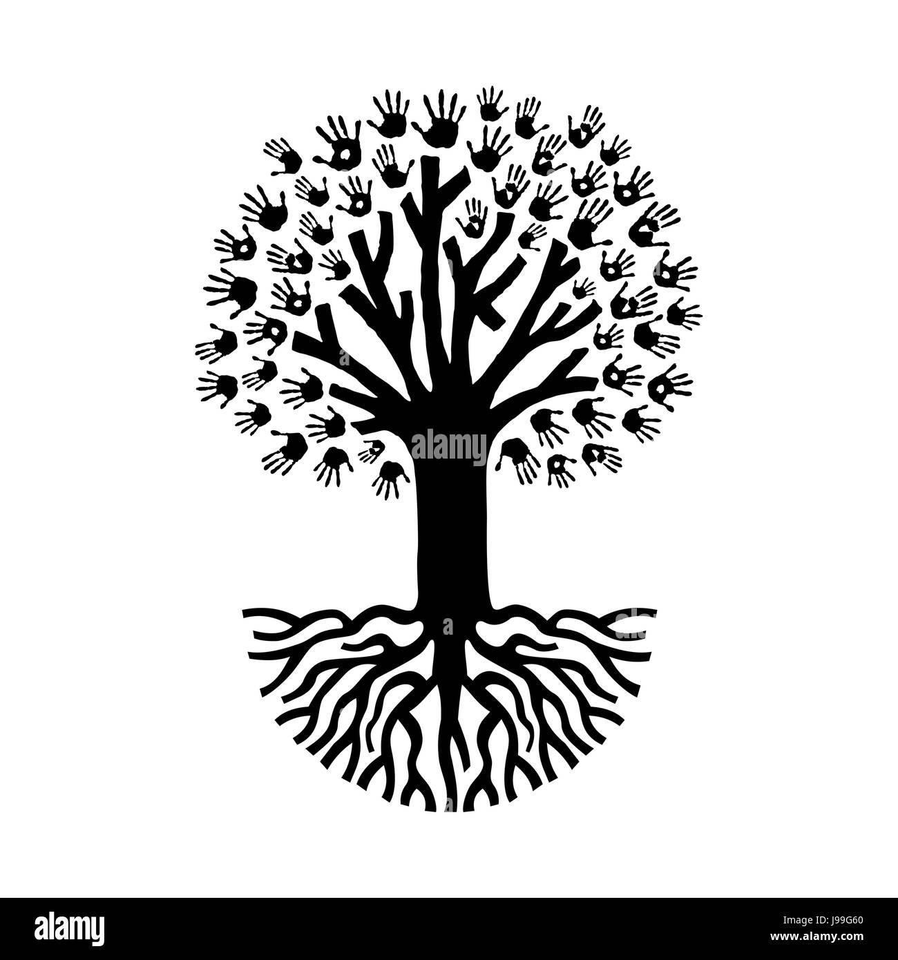 Diverse hand prints isolated tree over white with big roots. Community help and teamwork concept illustration. EPS10 vector. Stock Vector