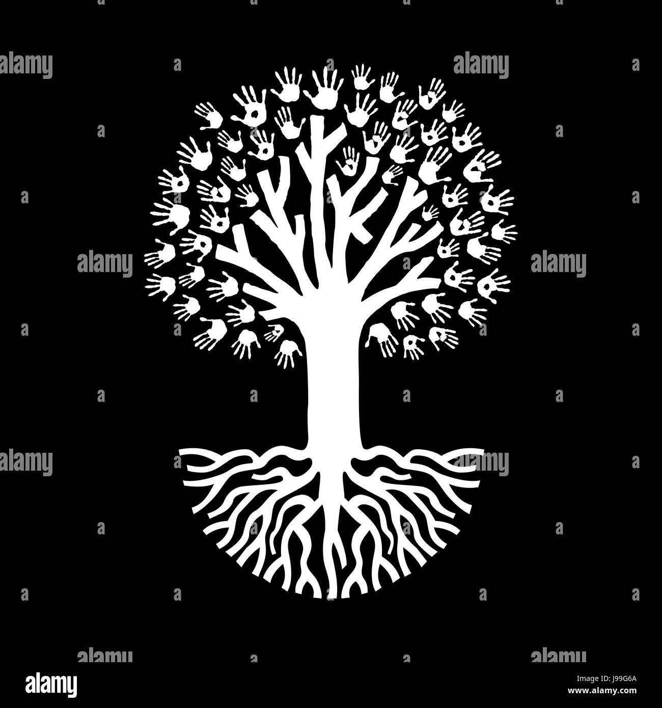 Isolated over black tree made of diverse hand prints with big roots. Community help or teamwork concept illustration. EPS10 vector. Stock Vector