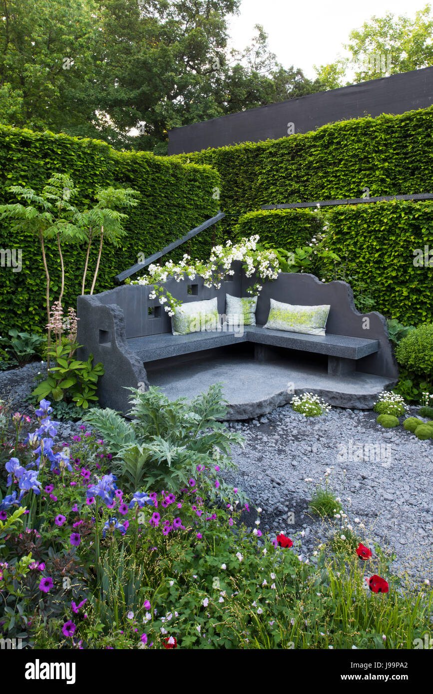 A seating area made from concrete surrounded by plants including Rosa 'Rambling Rector and a high hedge in the Linklaters Garden for Maggie's at the R Stock Photo