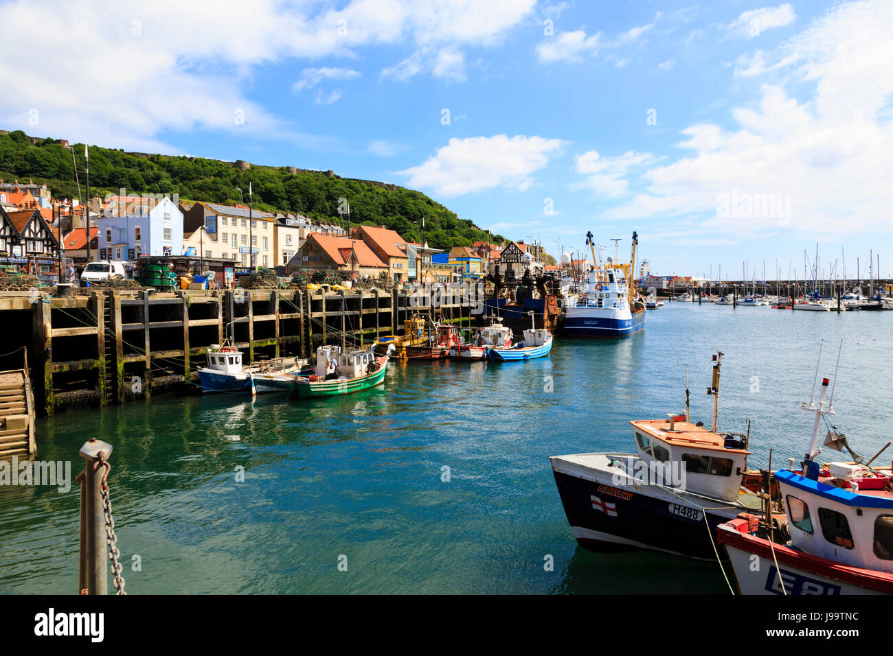 fishing boats moored in Scarborough harbour, North Yorkshire, England. Stock Photo