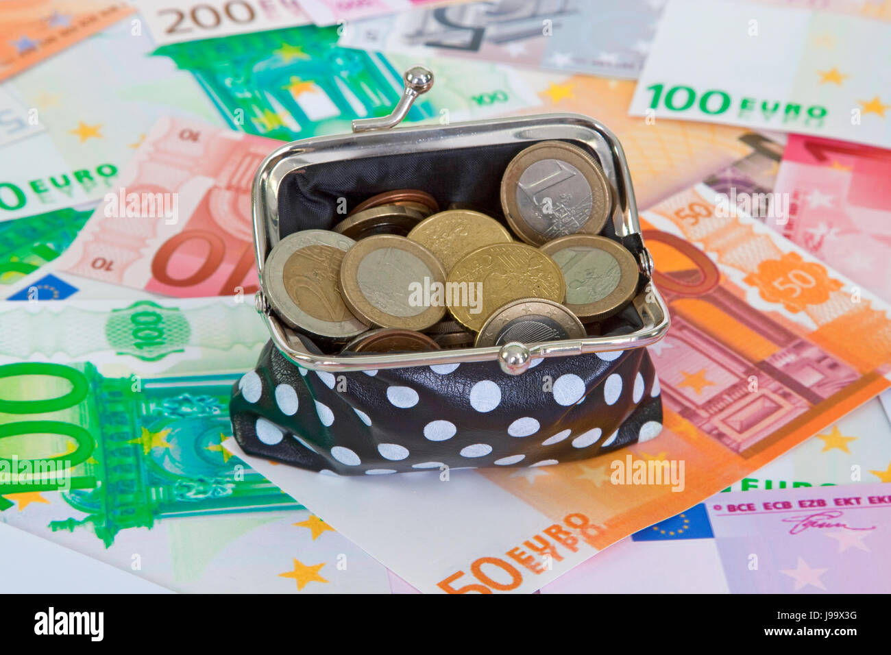 Purse with euro banknotes as background Stock Photo