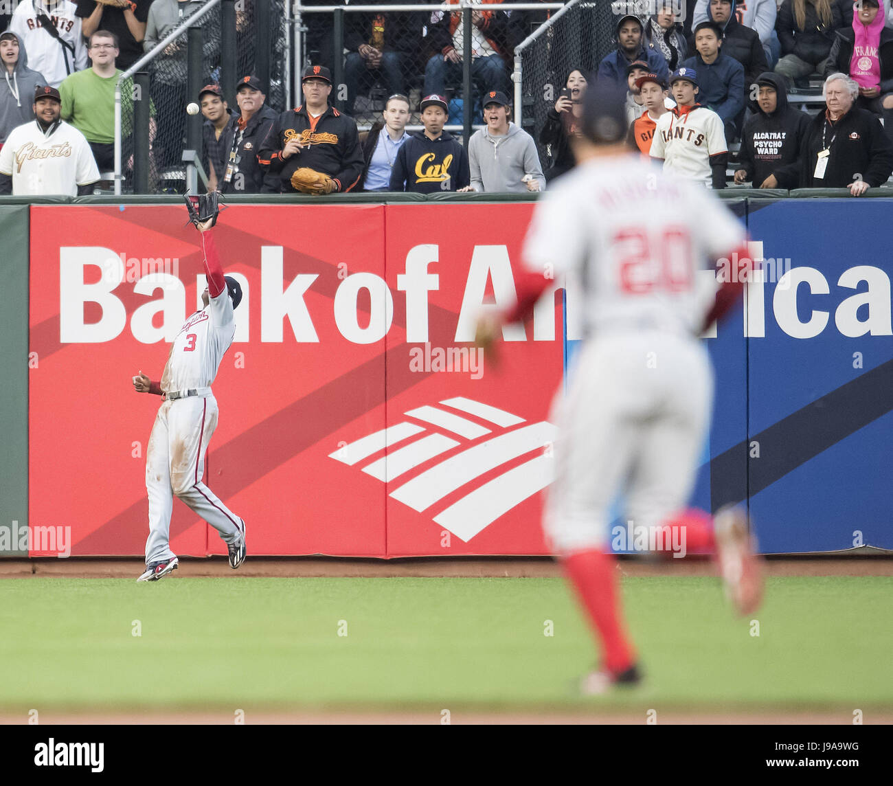 San Francisco, California, USA. 31st May, 2017. Fans watch as Washington Nationals center fielder Michael Taylor (3) catching a long Buster Posey fly during a MLB baseball game between the Washington Nationals and the San Francisco Giants on Japanese Heritage Night at AT&T Park in San Francisco, California. Valerie Shoaps/CSM/Alamy Live News Stock Photo