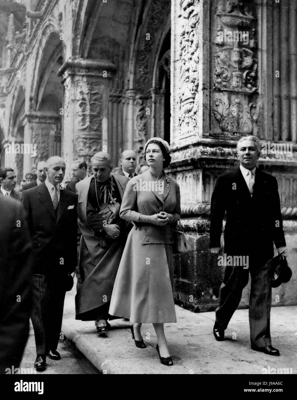 Feb. 02, 1957 - State visit to Portugal. Queen visits a Monastery. Photo Shows: H.M. The Queen seen during her tour of the Jeronimos Monastery near Lisbon, on Tuesday. (Credit Image: © Keystone Press Agency/Keystone USA via ZUMAPRESS.com) Stock Photo