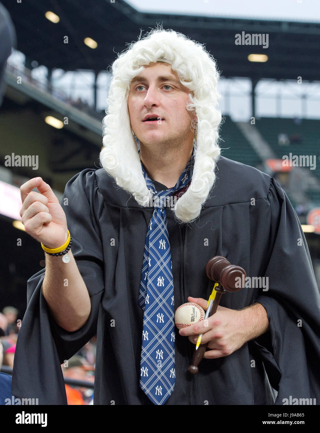 Alek Bernold of Utica, New York, wearing a traditional judge's wig and robe,  cheers for New York Yankees right fielder Aaron Judge (99) prior to the  game against the Baltimore Orioles at