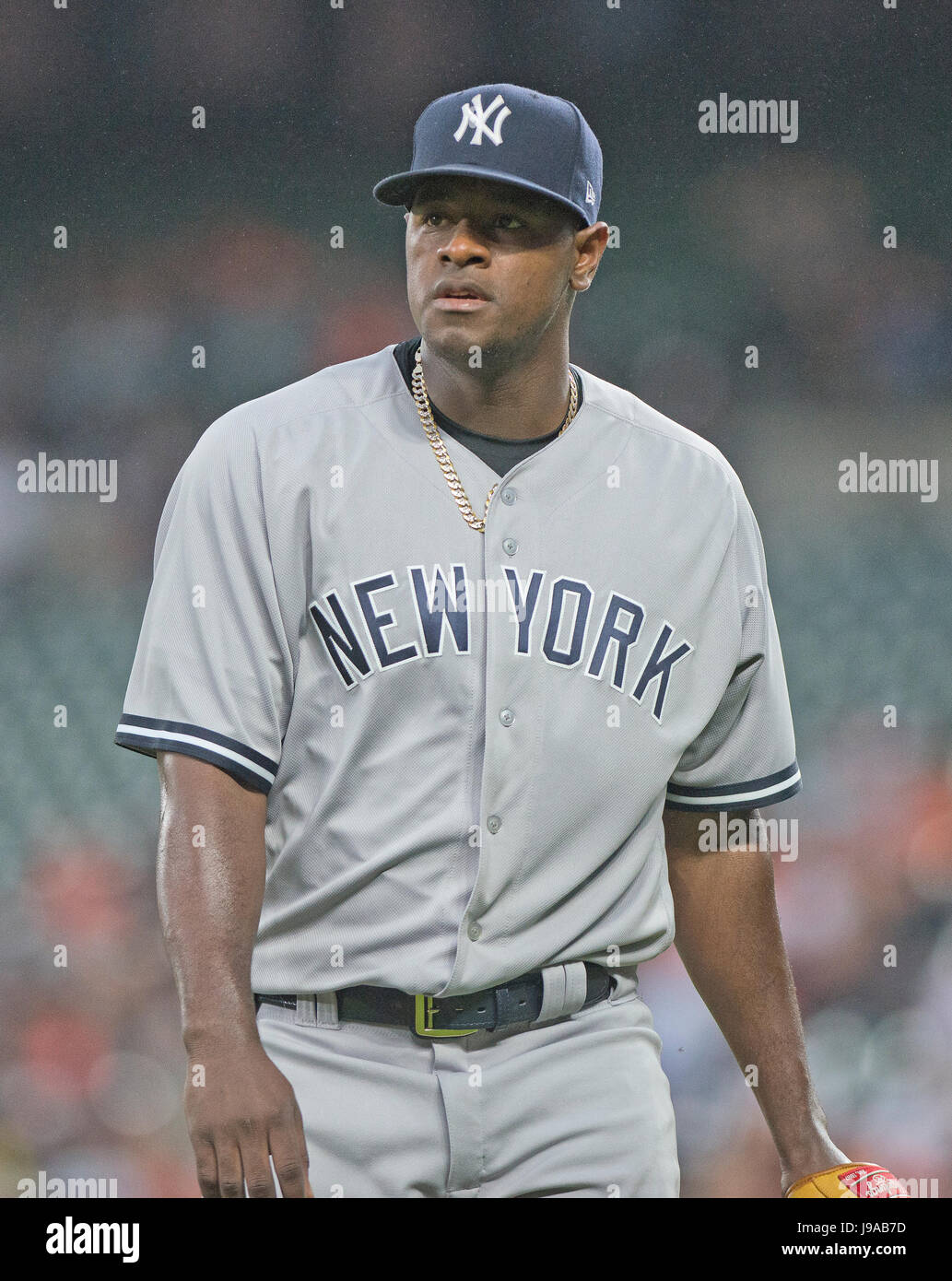 New York Yankees starting pitcher Luis Severino (40) walks to the dugout  after completing the first inning against the Baltimore Orioles at Oriole  Park at Camden Yards in Baltimore, MD on Tuesday