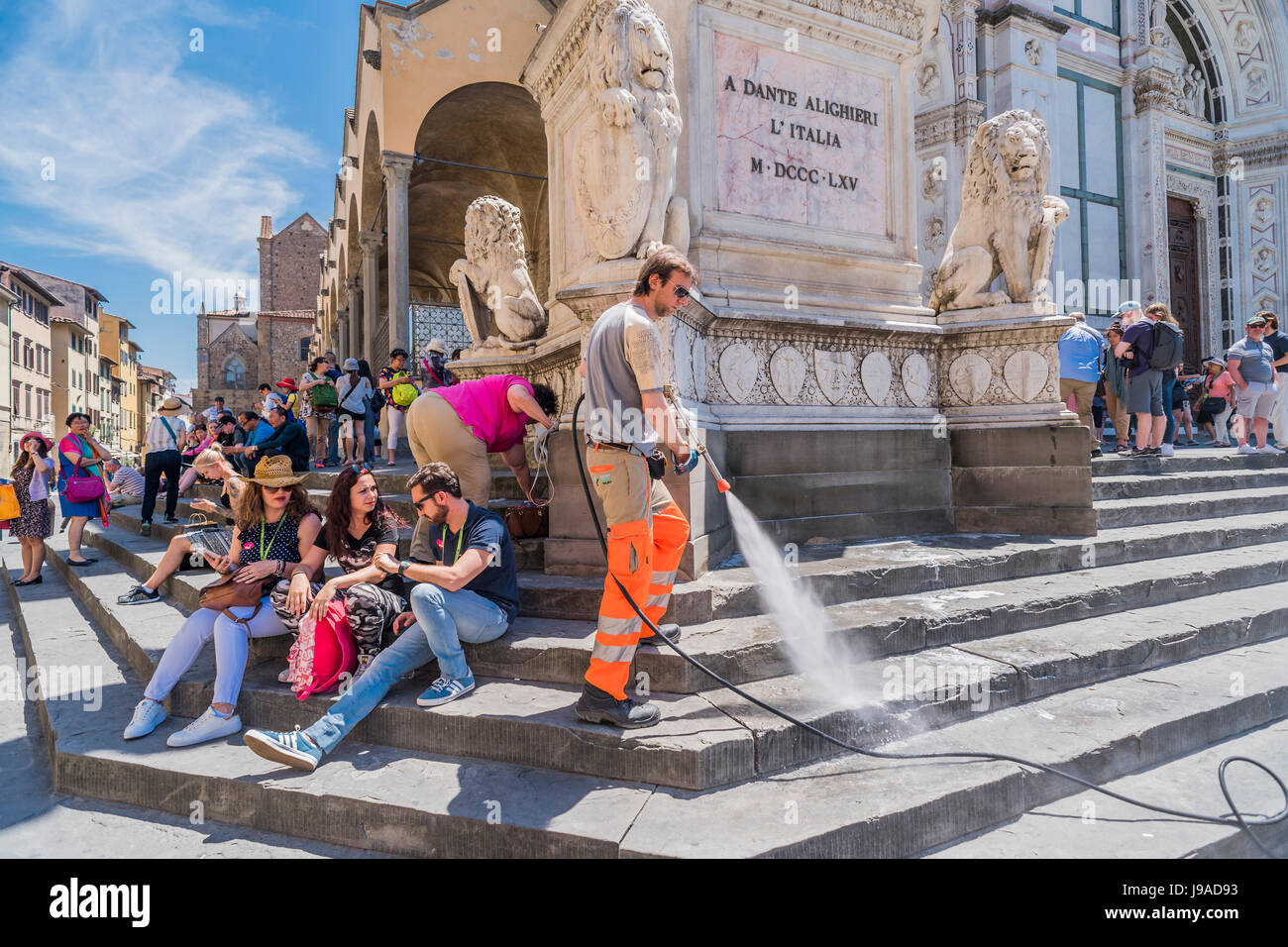 Florence, Italy. 1st June, 2017. Street cleaners now power wash the
