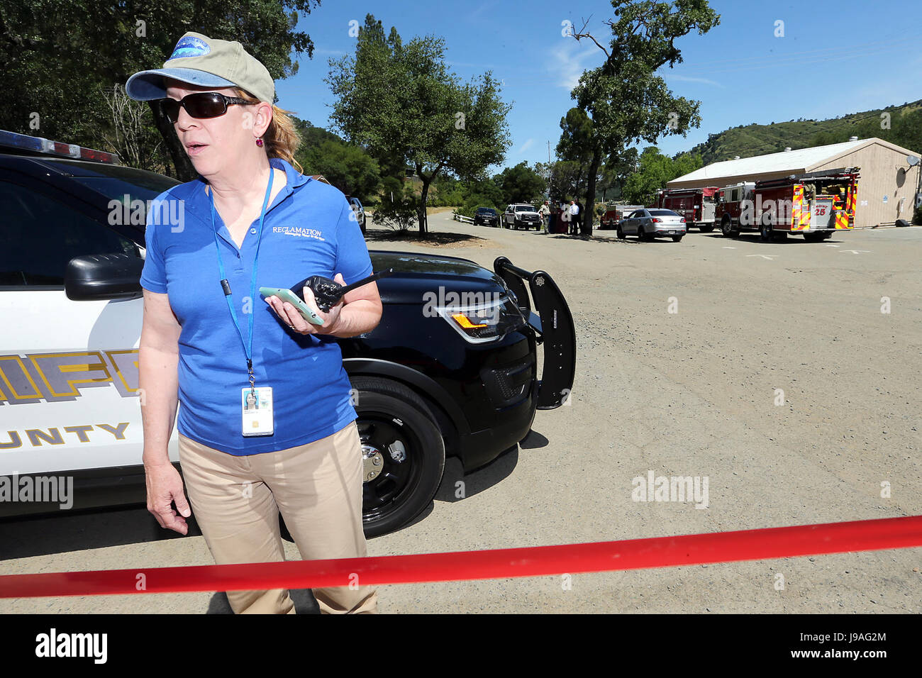 Lake Berryessa, CA, USA. 8th May, 2017. Margaret Bailey with the Bureau of Reclamation at the staging area where authorities were investigating a plane crash at Lake Berryessa on Monday. The crash occurred near Pleasure Cove Marina and Markley Cove Resort in an area of the lake that could only be reached by boat. Credit: Napa Valley Register/ZUMA Wire/Alamy Live News Stock Photo