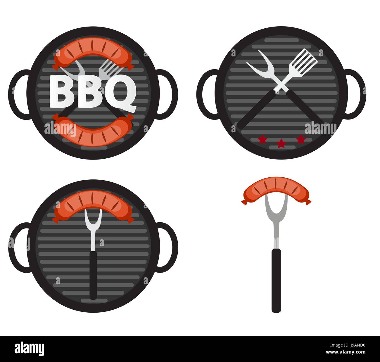 BBQ Icon Set with Grill Tools and Sausage. Vector Illustration Stock ...