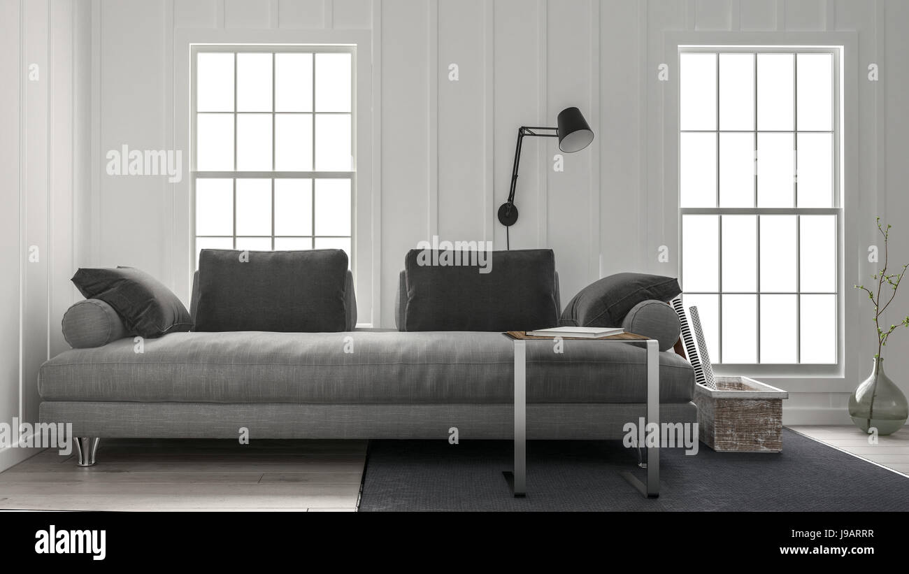 Wide Grey Couch In Minimalist Design Living Room With Black