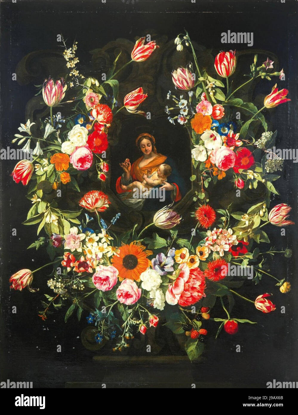 Virgin and Child in a Stone Niche Surrounded by Flowers by Gaspar