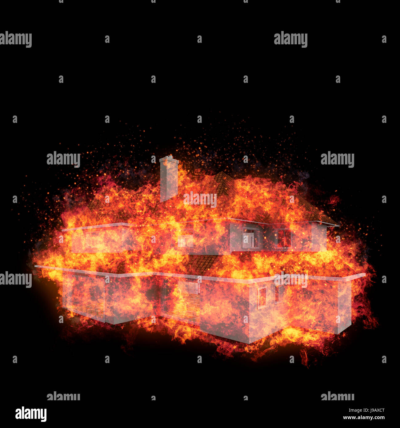 Model House bursted into flames, against the black background. Real estate concept. 3d Stock Photo