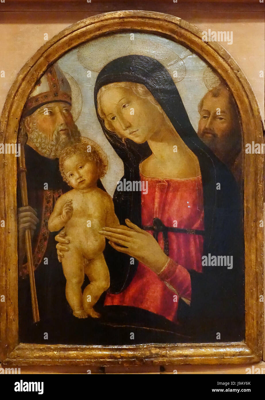 The Virgin and Child with Saints Augustine and Francis, workshop of Neroccio di Bartolomeo de' Landi, c. 1496, oil and tempera on panel   Krannert Art Museum, UIUC   DSC06363 Stock Photo