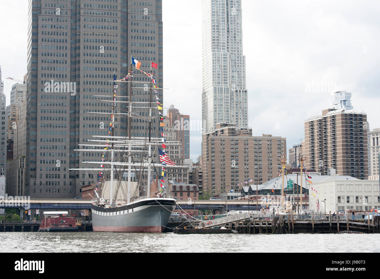 The South Street Seaport, with the South Street Seaport Museum’s 1885 cargo ship, Wavertree, berthed at Pier 16.  May 27, 2017 Stock Photo