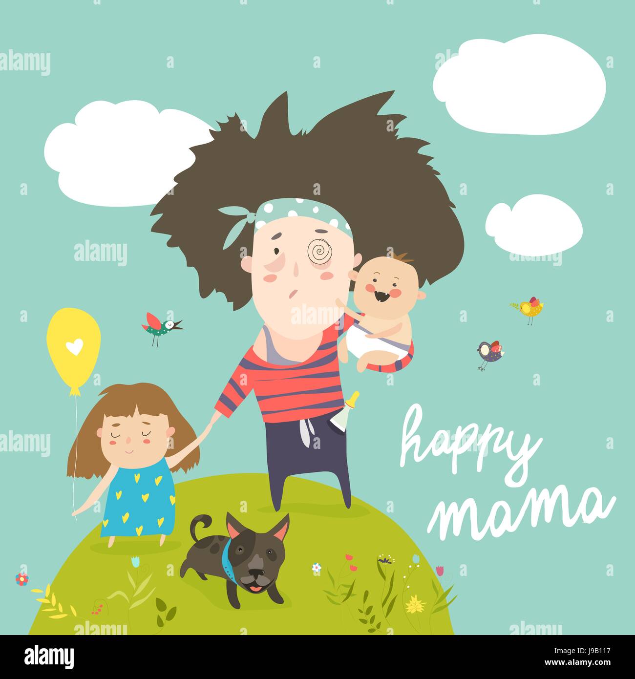 Tired mother walking with her kids Stock Vector
