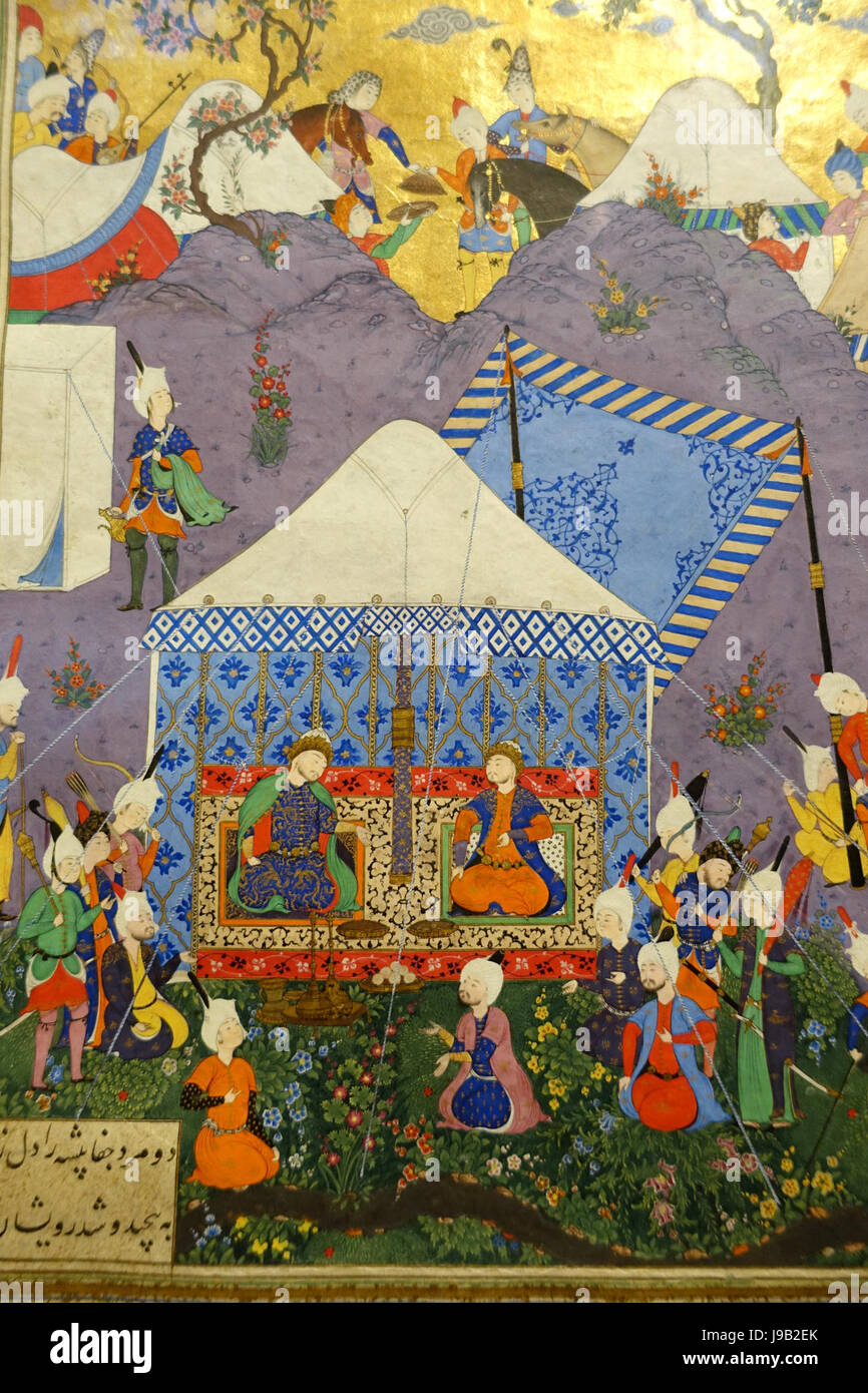 Salm and Tur receive the reply of Faridun and Manuchihr, folio from Shahnameh of Shah Tahmasp, attrib. 'Abd al 'Aziz, Iran, Tabriz, c. 1522 1535 AD, view 2   Aga Khan Museum   Toronto, Canada   DSC06923 Stock Photo