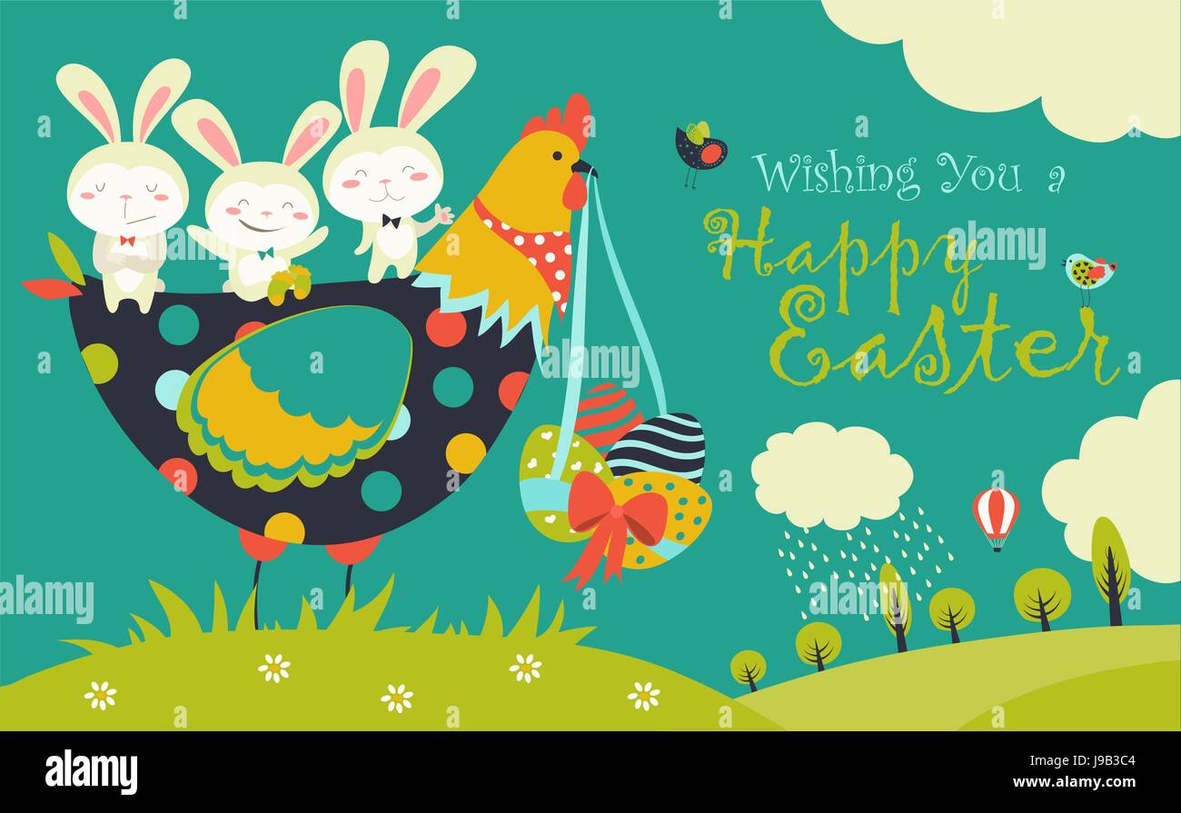 Easter bunnies, chicken and easter eggs Stock Vector