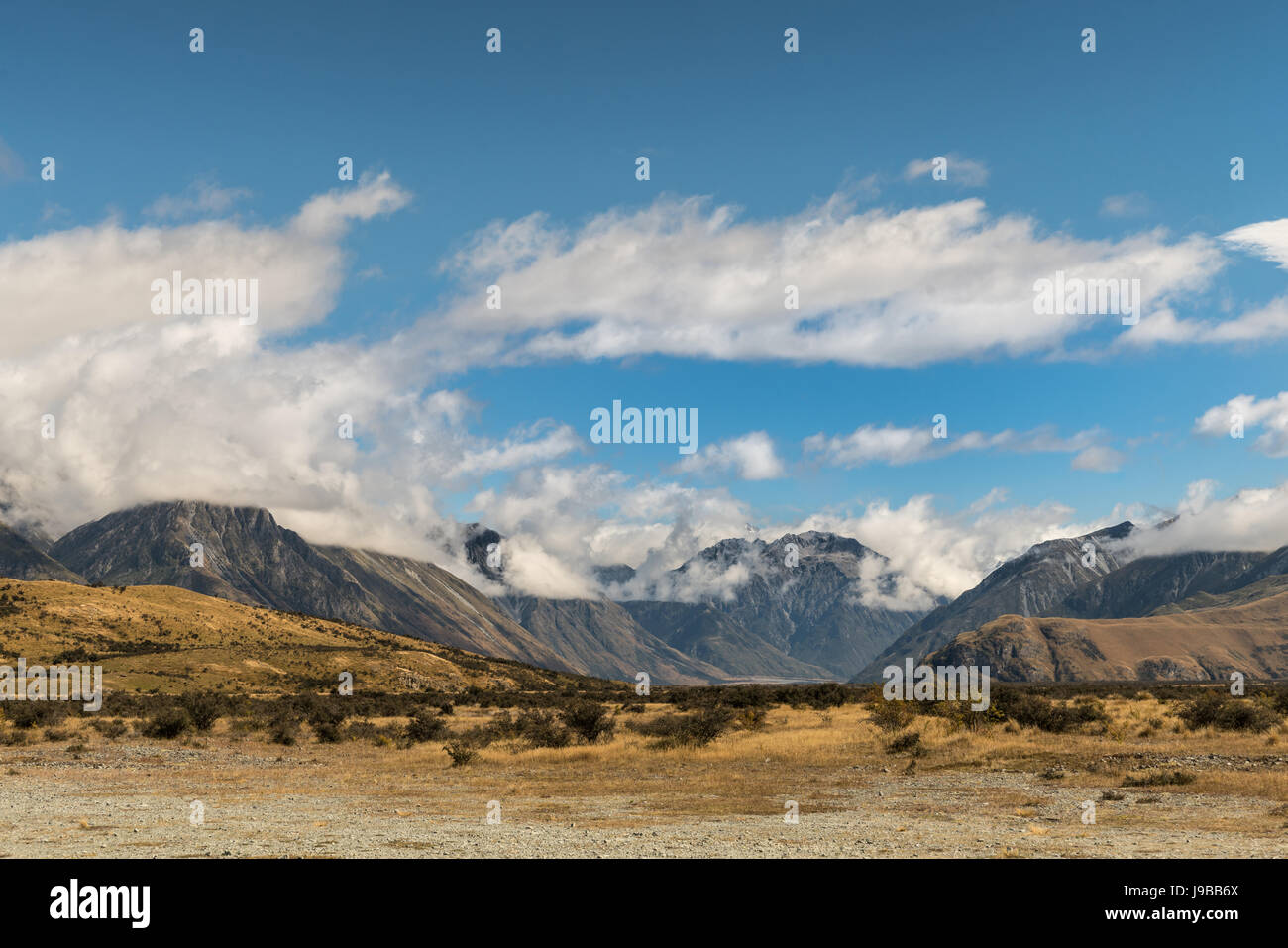 Middle Earth, New Zealand - March 14, 2017: Mountain range around the ...