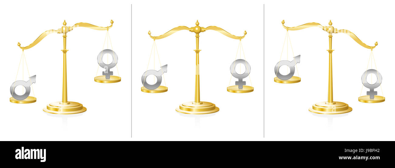 Scale with male and female symbol- balanced and unbalanced - symbol for equality or injustice, unfairness and discrepancy in gender questions. Stock Photo