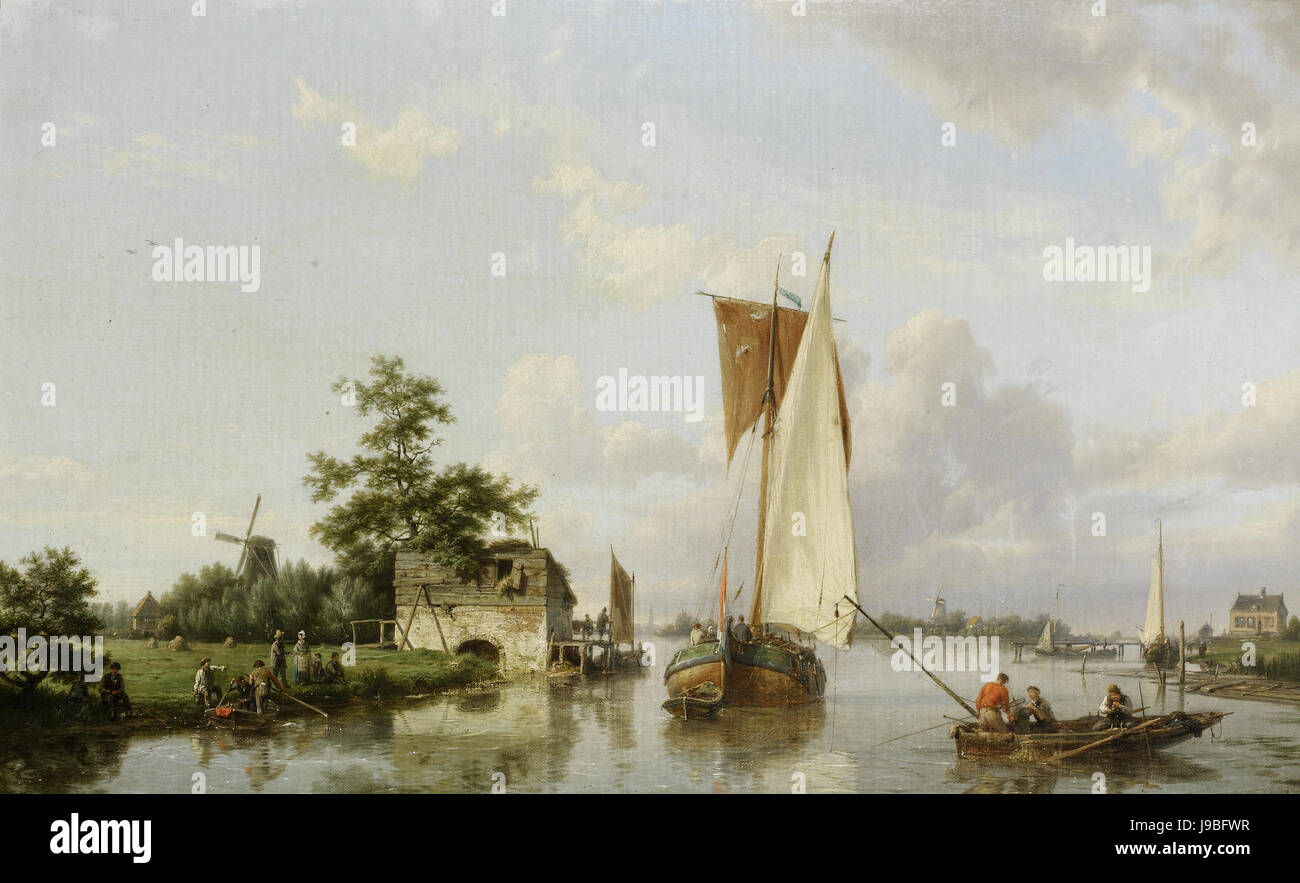 2017 02 Hermanus Koekkoek   Dutch river scene with a sailing barge, fishermen and figures gathered on the bank Stock Photo