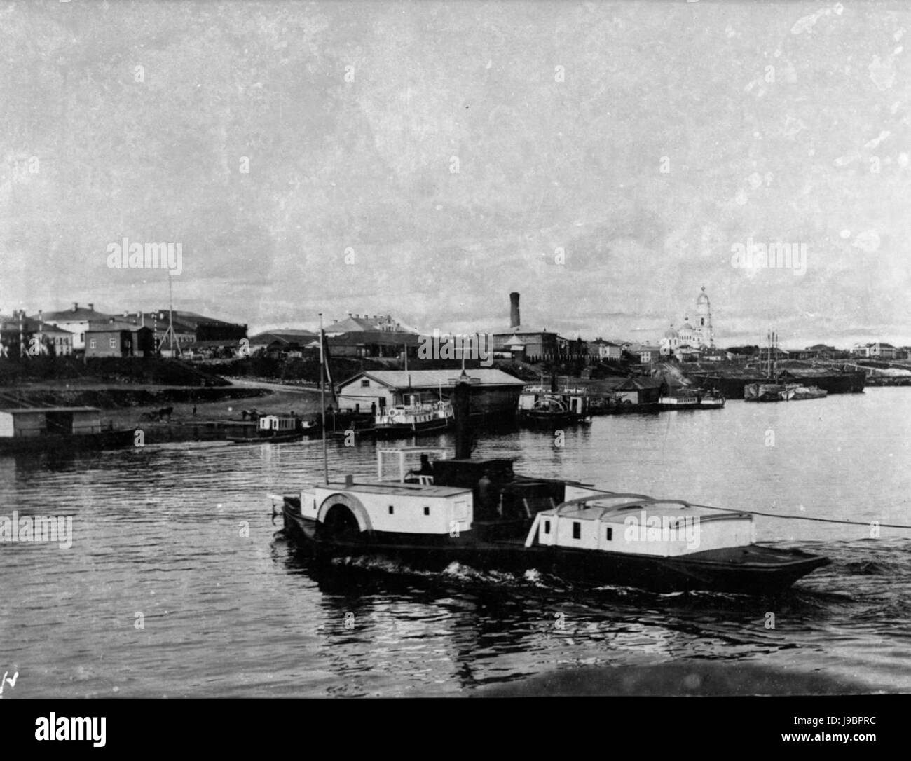 Type Quay. Steamboat Ferryman goes across the Volga Stock Photo Alamy