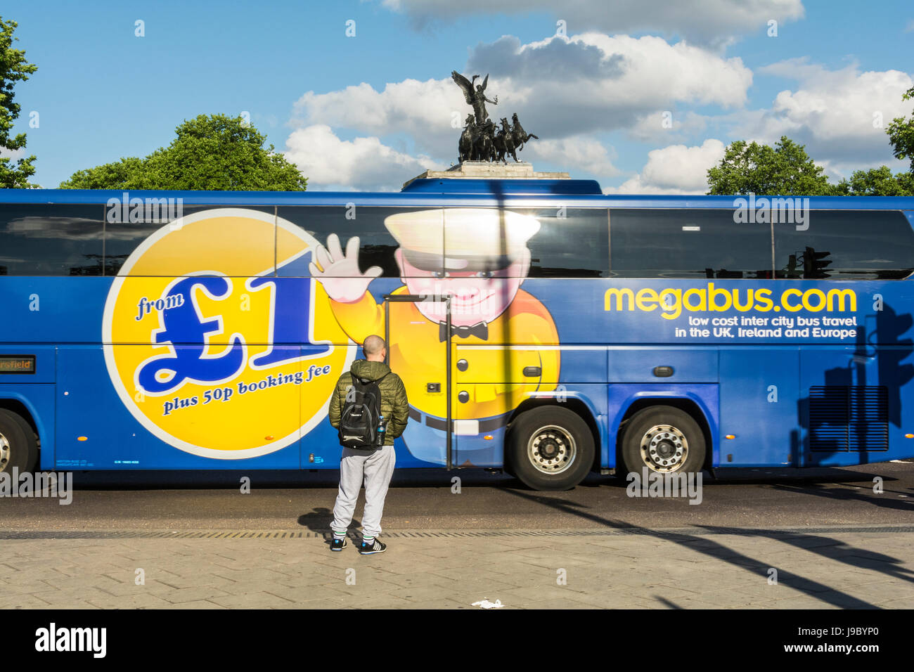 A £1 Megabus passes Hyde Park Corner in central London, UK Stock Photo