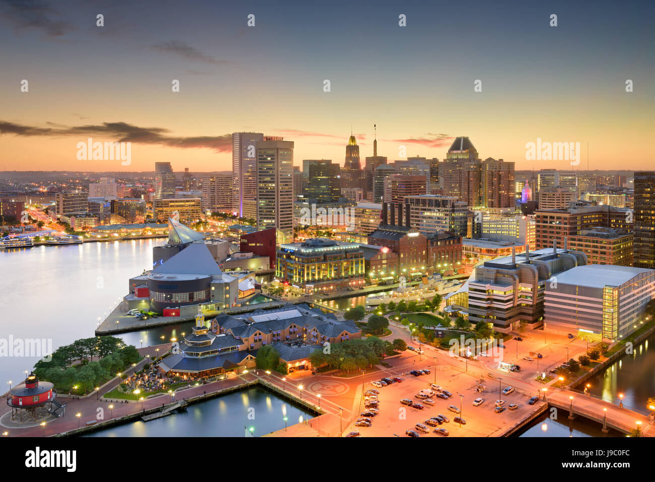 Baltimore, Maryland, USA inner harbor and downtown skyline at dusk. Stock Photo