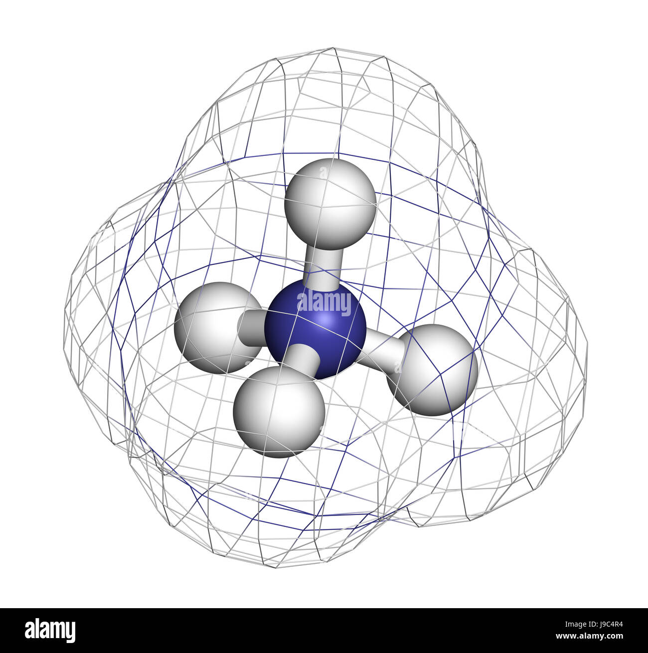 Ammonium cation. Protonated form of ammonia. 3D rendering. Atoms are represented as spheres with conventional color coding: hydrogen (white), nitrogen Stock Photo