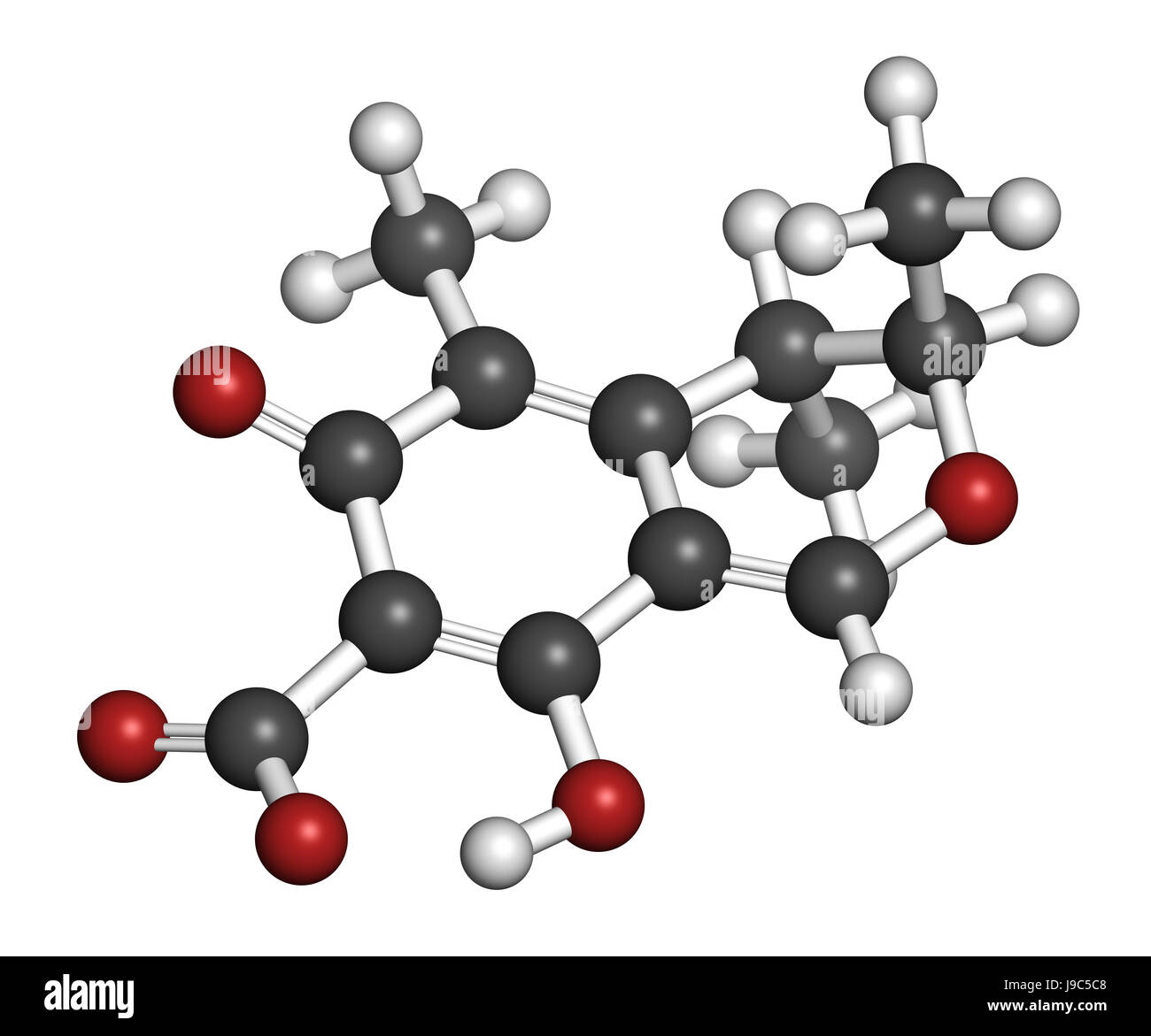 Citrinin mycotoxin molecule. 3D rendering. Atoms are represented as spheres with conventional color coding: hydrogen (white), carbon (grey), oxygen (r Stock Photo